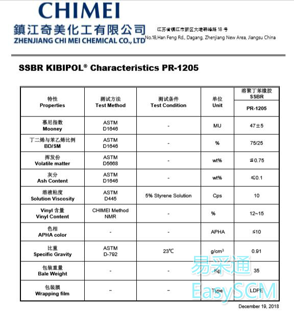 镇江奇美SSBR 1205物性表